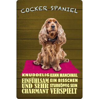 Schild Spruch "Hund Cocker Spaniel Knuddelig Verspielt" 20 x 30 cm Blechschild