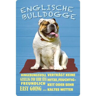 Schild Spruch "Hund Englische Bulldogge Hingebunsvoll Freundlich" 20 x 30 cm Blechschild