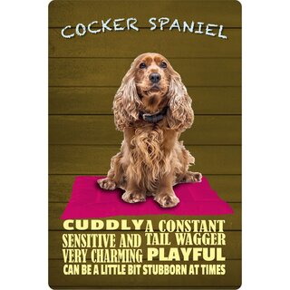 Schild Spruch "Hund Cocker Spaniel Cuddly Playful" 20 x 30 cm Blechschild
