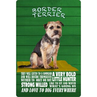 Schild Spruch "Hund Border Terrier Strong Willed Little Hunter" 20 x 30 cm Blechschild
