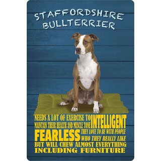 Schild Spruch "Hund Staffordshire Bullterrier Fearless Intelligent" 20 x 30 cm Blechschild