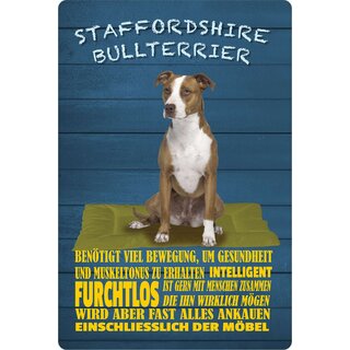 Schild Spruch "Hund Staffordshire Bullterrier Furchtlos Intelligent" 20 x 30 cm Blechschild