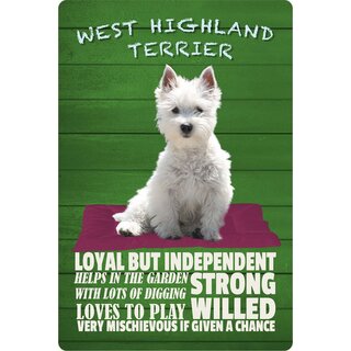 Schild Spruch "Hund West Highland Terrier Strong Willed" 20 x 30 cm Blechschild