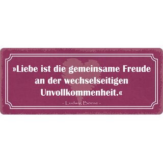 Schild Spruch "Liebe ist die gemeinsame Freude an der wechselseitigen Unvollkommenheit." 27 x 10 cm Blechschild