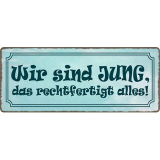 Schild Spruch "Wir sind jung, das rechtfertigt alles" 27 x 10 cm Blechschild