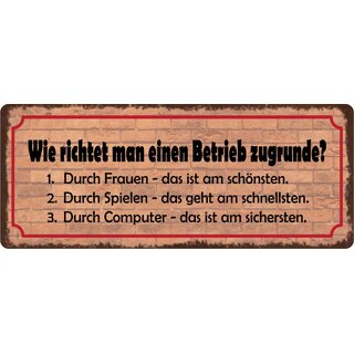 Schild Spruch "Wie richtet man einen Betrieb zugrunde" 27 x 10 cm Blechschild