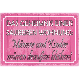 Schild Spruch "Das Geheimnis einer sauberen Wohnung" 30 x 20 cm Blechschild