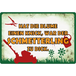 Schild Spruch "Blumen einen Knick, Schmetterling zu dick" 30 x 20 cm Blechschild