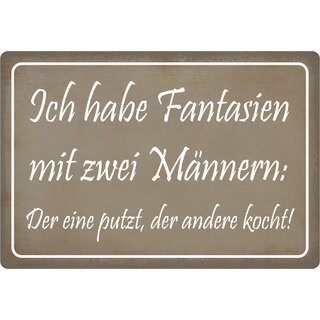 Schild Spruch "Fantasie Männer, einer putzt, der andere kocht" 30 x 20 cm Blechschild