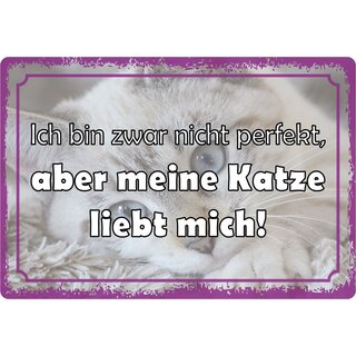 Schild Spruch "Ich nicht perfekt, Katze liebt mich" 30 x 20 cm Blechschild