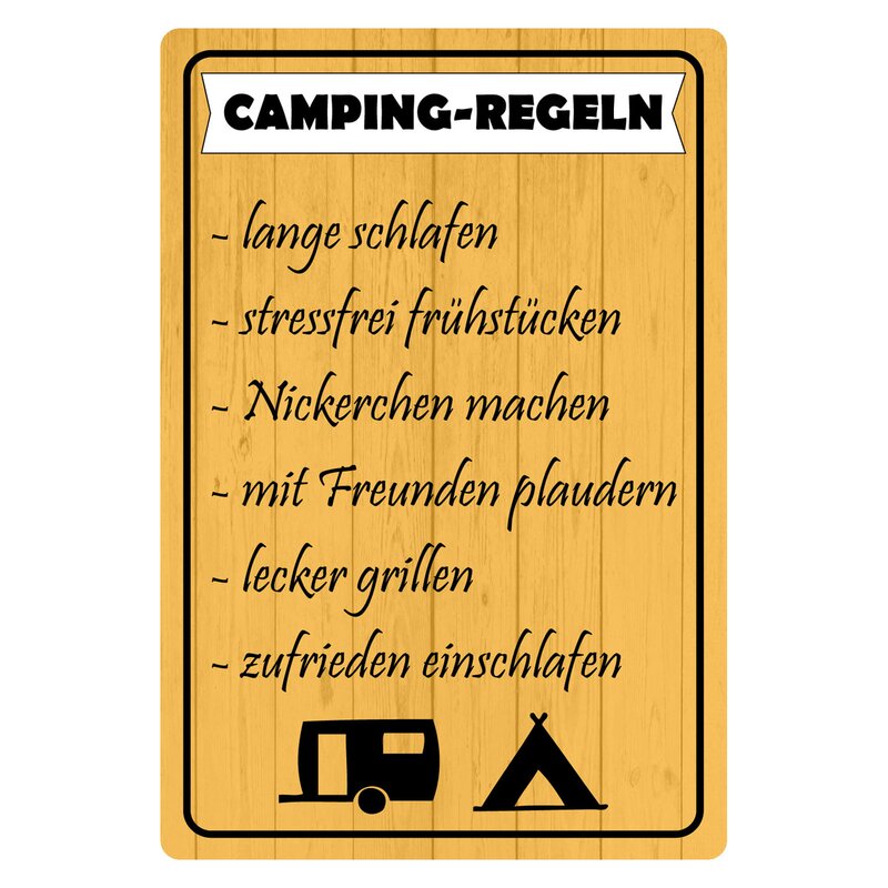 Glücklich aufwachen Camper 20 x 30 Spruch Deko Blechschild 1157 Camping Regeln