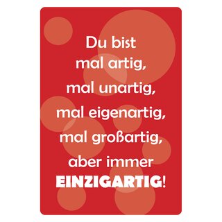 Schild Spruch "Du bist mal artig, unartig, einzigartig" 20 x 30 cm Blechschild