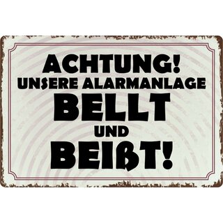 Schild Spruch "Unsere Alarmanlage bellt und beißt" 30 x 20 cm Blechschild