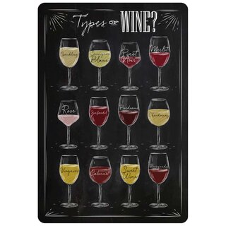 Schild Spruch "Types of Wine, Weinsorten" 20 x 30 cm Blechschild