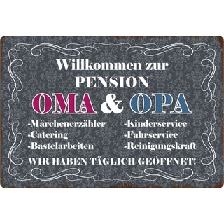 Schild Spruch "Willkommen zur Pension Oma und Opa" 30 x 20 cm Blechsc