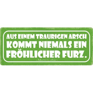 Schild Spruch "Aus traurigem Arsch, niemals fröhlicher Furz" 27 x 10 cm Blechschild
