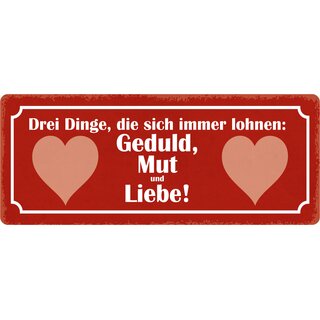Schild Spruch "Drei Dinge, die sich immer lohnen" 27 x 10 cm Blechschild