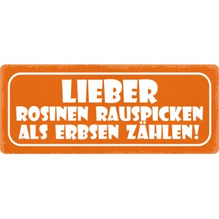 Schild Spruch "Lieber Rosinen rauspicken als Erbsen zählen!" 27 x 10 cm Blechschild