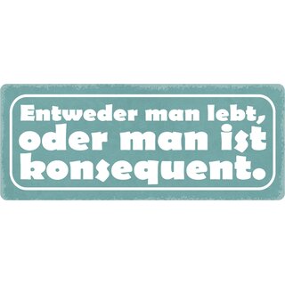 Schild Spruch "Entweder man lebt, oder man ist konsequent." 27 x 10 cm Blechschild