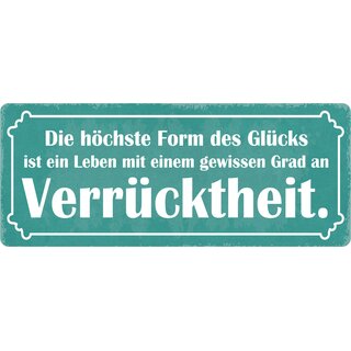 Schild Spruch "Höchste Form des Glücks, Verrücktheit" 27 x 10 cm Blechschild