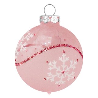 Thüringer Glasdesign Weihnachtskugeln Rosa mit Schneeflocken, 4 Stück