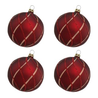 Thüringer Glasdesign Weihnachtskugeln Rot mit Rautennetz, 4 Stück/Set, ca. 6 cm