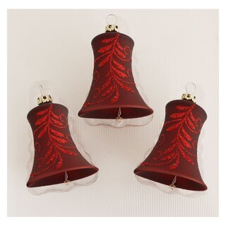 Thüringer Glasdesign Christbaumschmuck Glocken Rot mit roter Blätterranke, 3 Stück/Set, ca. 5 cm