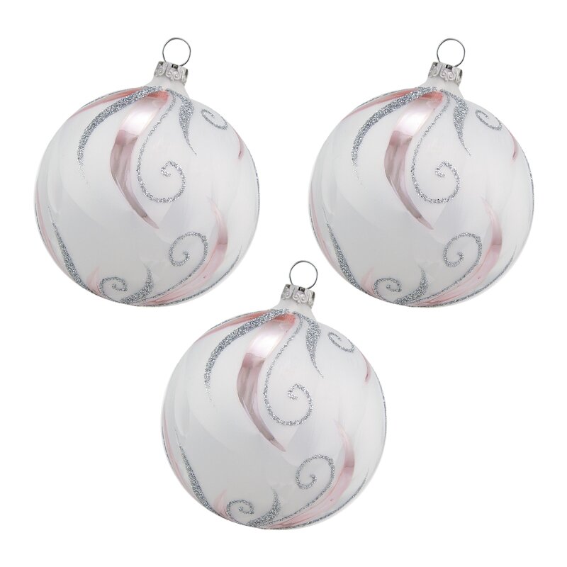 Thüringer Glasdesign Weihnachtskugeln Weiß mit Eislack mit Glitterdeko, 3  Stück/Set, ca. 8 cm