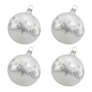 Thüringer Glasdesign Weihnachtskugeln Silber mit silbernem Sternendekor, 4 Stück/Set, ca. 6 cm