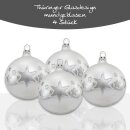 Thüringer Glasdesign Weihnachtskugeln Silber mit silbernem Sternendekor, 4 Stück/Set, ca. 6 cm