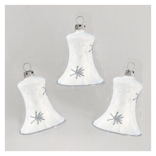 Thüringer Glasdesign Christbaumschmuck Glocken Weiß mit Eislack mit silbernen Sternen, 3 Stück/Set, ca. 5 cm