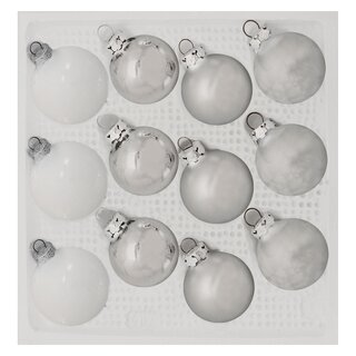 Thüringer Glasdesign Weihnachtskugeln Weiß und Silber matt und glänzend, 12 Stück/Set, ca. 4 cm