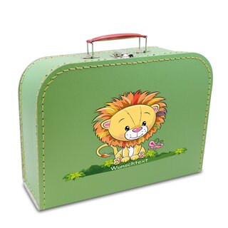 Spielzeugkoffer Kinderkoffer Pappe hellgrün mit Löwe und Wunschtext 20 cm
