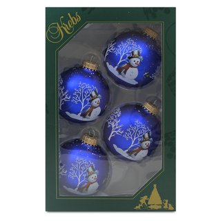 4er Set Weihnachtskugeln königsblau mit Schneemann