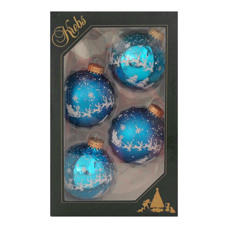 Weihnachtskugeln Blau mit Rentieren und Schneeflocken, 4 Stück/ Set,