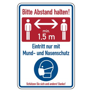 Hinweisschild "Bitte Abstand halten! Eintritt nur mit Mund- und Nasenschutz"