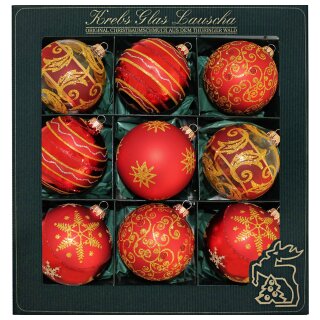Krebs Glas Lauscha Weihnachtskugeln Rot mit Ornamenten 9 Stück/Set, Ø 8 cm