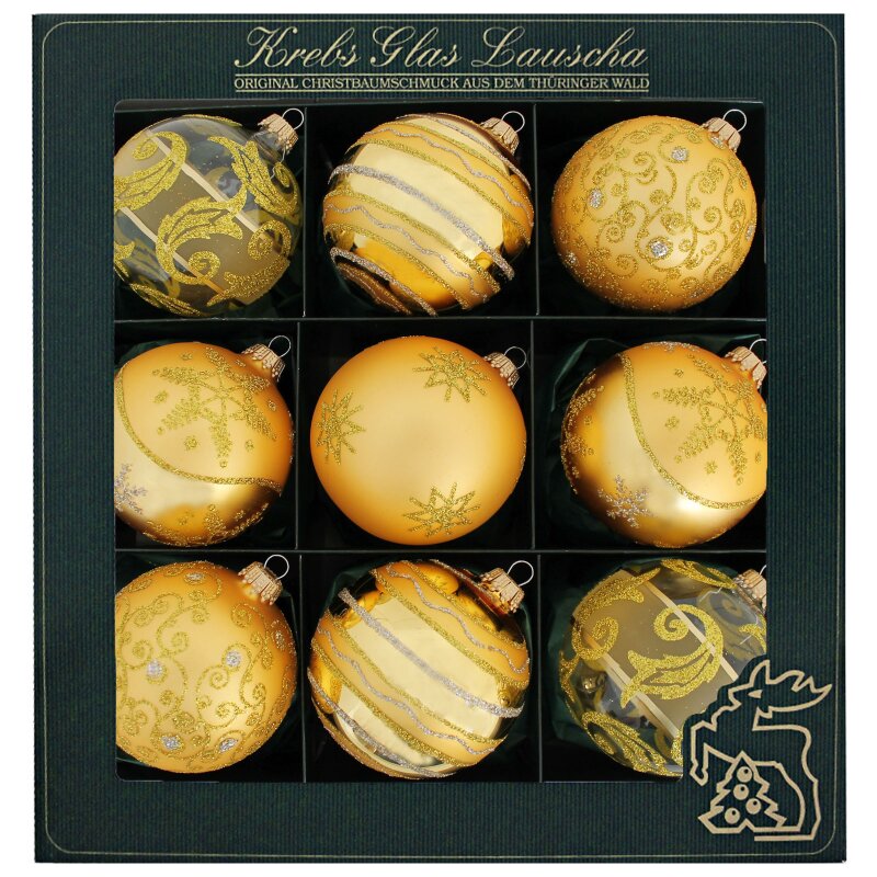 Krebs Lauscha Weihnachtskugeln Gold mit Golddekor 8 cm, 28,99
