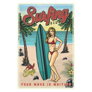 Blechschild "Surfing Girl Surf Days" 30 x 40 cm Pinup Schild Surfen