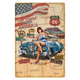 Blechschild "Car Travel trough America" 30 x 40 cm Pinup Schild Amerika