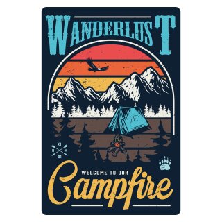 Blechschild "Wanderlust Campfire" 30 x 40 cm Dekoschild Camping
