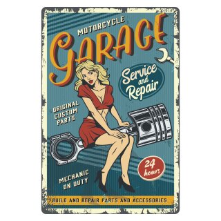 Blechschild "Motorcycle Garage 24 hours" 30 x 40 cm Pinup Schild Werkstatt