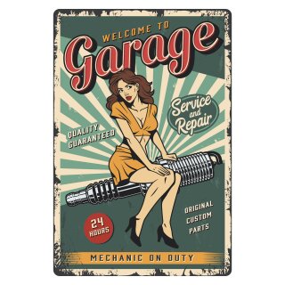 Blechschild "Welcome Garage 24 hours" 30 x 40 cm Pinup Schild Werkstatt