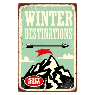 Blechschild "Winter Destinations" 30 x 40 cm Dekoschild Skigebiet