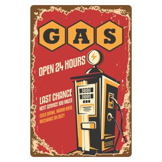 Blechschild "Gas open 24 hours next service" 30 x 40 cm Dekoschild Benzin