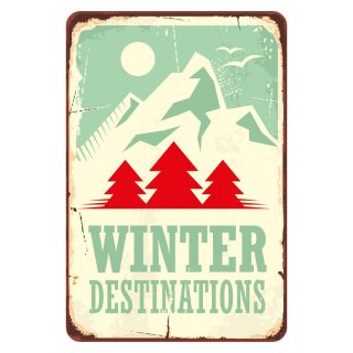 Blechschild "Winter Destinations - Reiseziele" 30 x 40 cm Dekoschild Winterurlaub