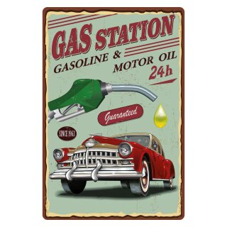 Blechschild "Gas Station Gasoline Motor Oil 24h" 30 x 40 cm Dekoschild Tankstelle