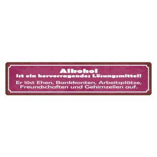 Blechschild "Alkohol Lösungsmittel löst Ehen, Bankkonten" 46 x 10 cm Dekoschild Alkoholgenuss