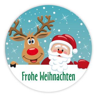 Weihnachtsaufkleber Rentier mit Weihnachtsmann rund Ø 30 mm 100 Stück auf Rolle