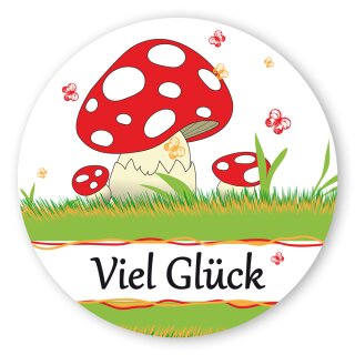 Geschenk-Aufkleber Viel Glück mit Fliegenpilz Ø 30mm PE-Folie 100 Stück/Rolle